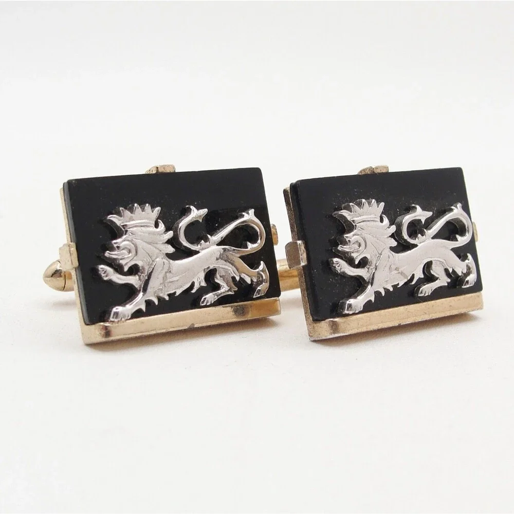 Vintage Swank Lion Cufflinks Heraldic Crowned Black Onyx Silver Gold Tone MCM